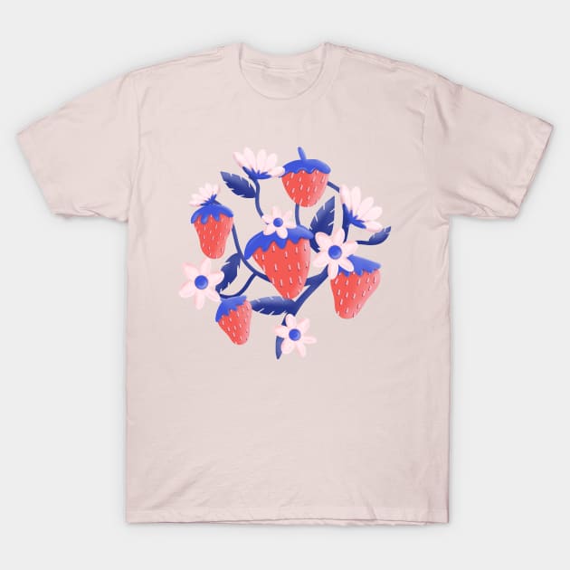 Summertime Strawberries on a Blue Vine T-Shirt by ksrogersdesigns